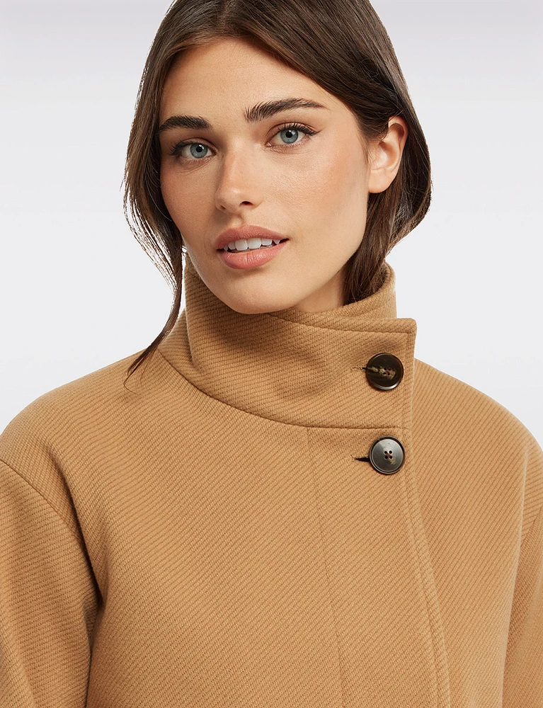 Vegan A-Line High Collar Peacoat with Back Buttoned Waist Tab by Ellen Tracy