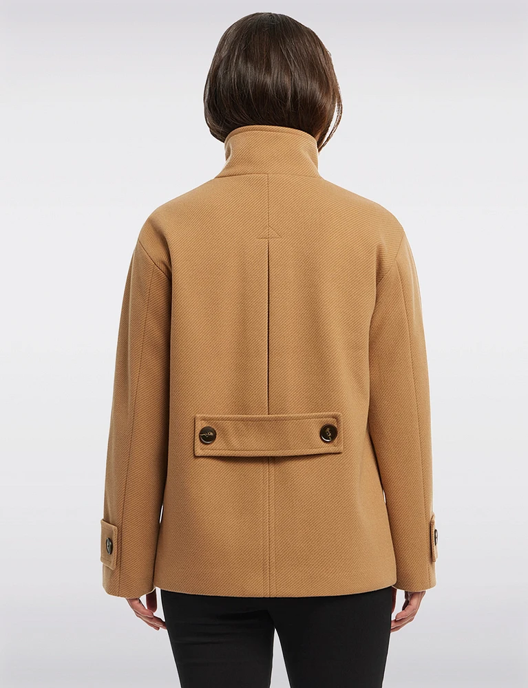 Vegan A-Line High Collar Peacoat with Back Buttoned Waist Tab by Ellen Tracy