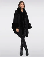 Faux Fur-Trimmed Black Solid Knit Cape by Beta's Choice