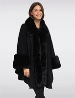 Faux Fur-Trimmed Black Solid Knit Cape by Beta's Choice