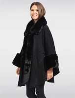 Faux Fur-Trimmed Black Solid Knit Cape by Beta's Choice