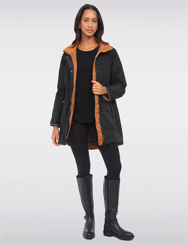 Reversible Quilted & Smooth Hooded Drawstring Waist Water-resistant Coat by Saki