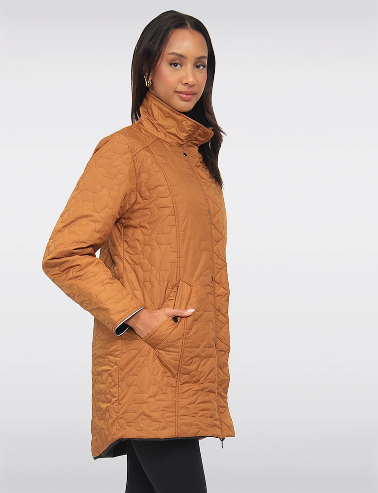 Reversible Quilted & Smooth Hooded Drawstring Waist Water-resistant Coat by Saki