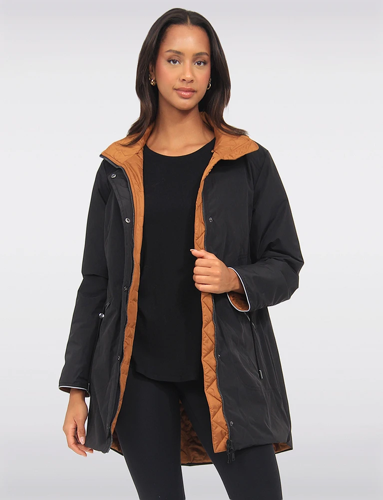 Reversible Quilted & Smooth Hooded Drawstring Waist Water-resistant Coat by Saki