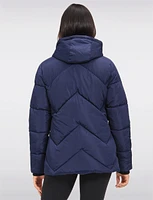 Vegan Chevron Quilted Hooded Puffer Jacket With Detachable Faux Fur Trim by Saki