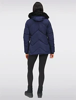 Vegan Chevron Quilted Hooded Puffer Jacket With Detachable Faux Fur Trim by Saki