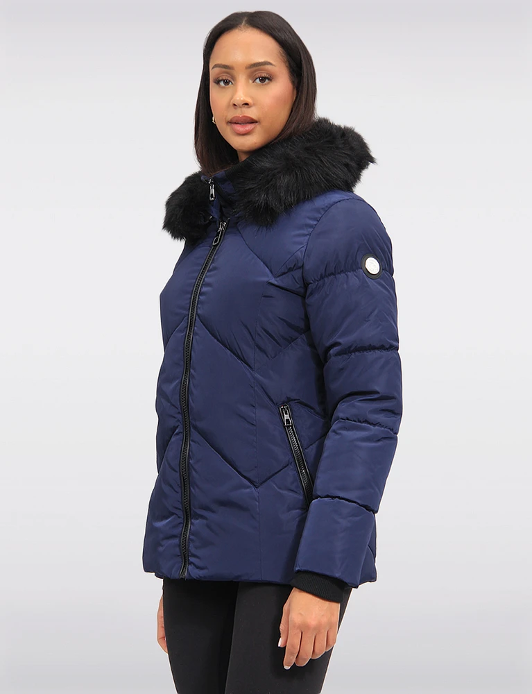 Vegan Chevron Quilted Hooded Puffer Jacket With Detachable Faux Fur Trim by Saki