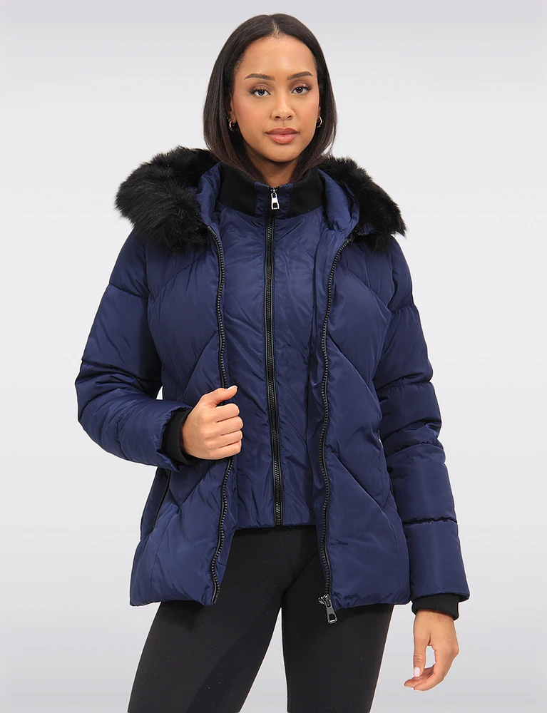 Vegan Chevron Quilted Hooded Puffer Jacket With Detachable Faux Fur Trim by Saki