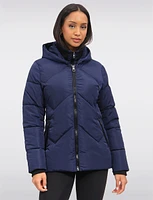 Vegan Chevron Quilted Hooded Puffer Jacket With Detachable Faux Fur Trim by Saki