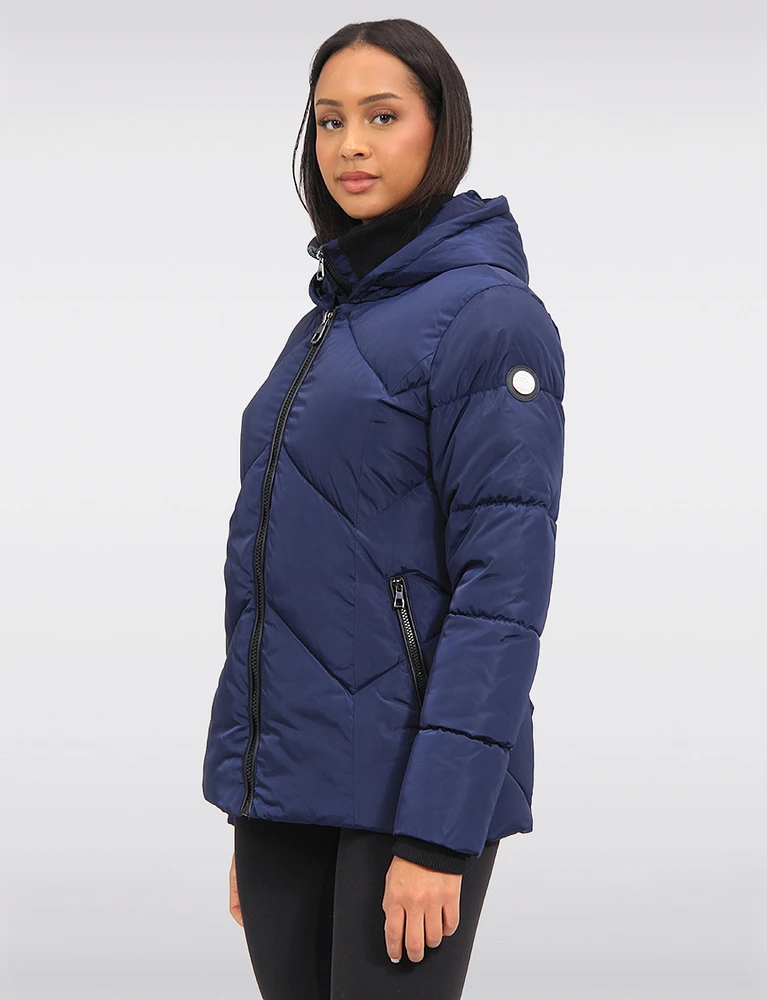 Vegan Chevron Quilted Hooded Puffer Jacket With Detachable Faux Fur Trim by Saki