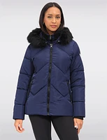 Vegan Chevron Quilted Hooded Puffer Jacket With Detachable Faux Fur Trim by Saki