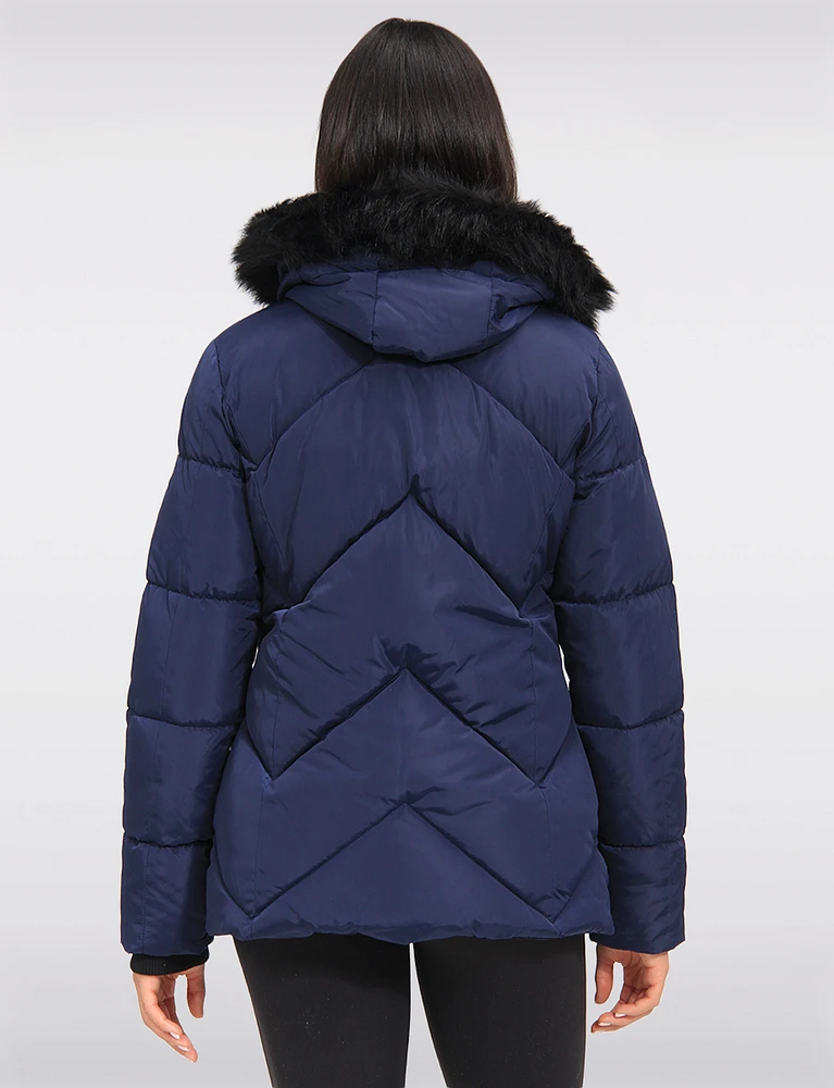 Vegan Chevron Quilted Hooded Puffer Jacket With Detachable Faux Fur Trim by Saki