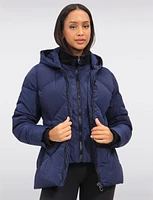 Vegan Chevron Quilted Hooded Puffer Jacket With Detachable Faux Fur Trim by Saki