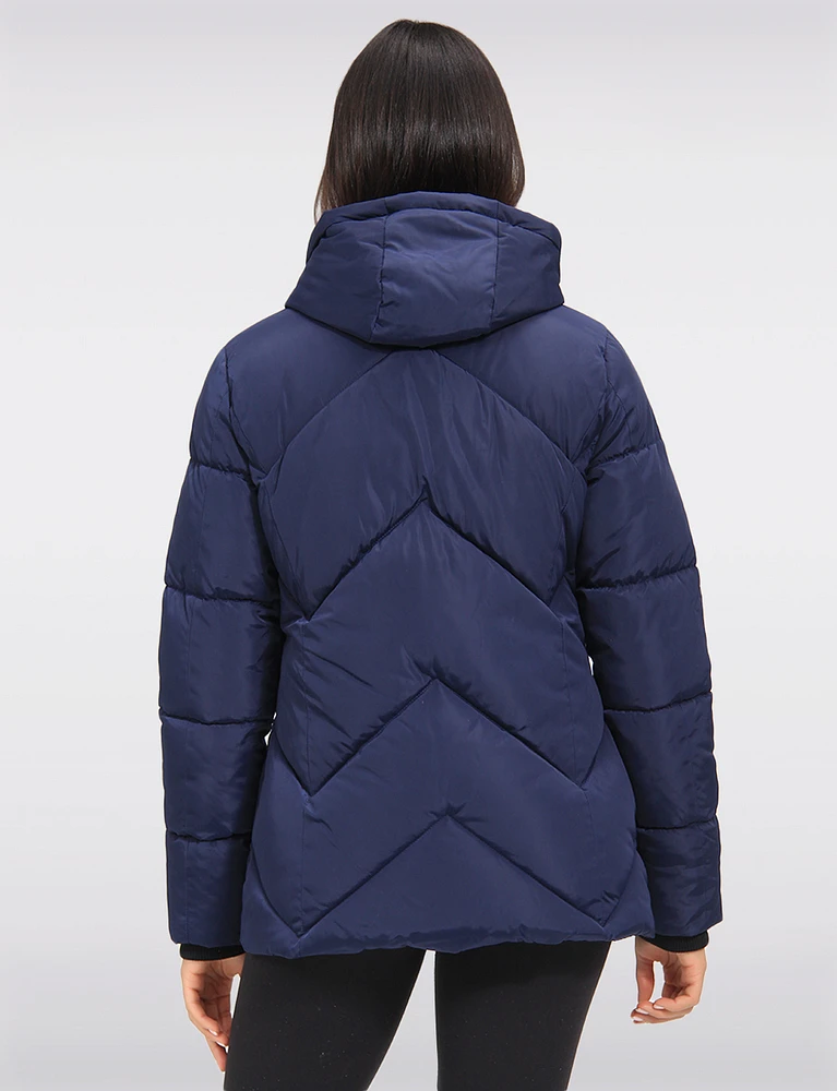 Vegan Chevron Quilted Hooded Puffer Jacket With Detachable Faux Fur Trim by Saki