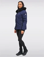 Vegan Chevron Quilted Hooded Puffer Jacket With Detachable Faux Fur Trim by Saki