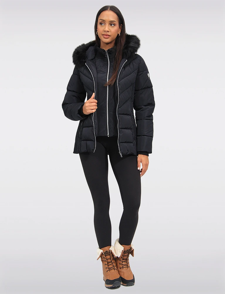 Eco-Down Quilted Short Puffer Coat with Detachable Vegan Faux Fur Trim by Saki