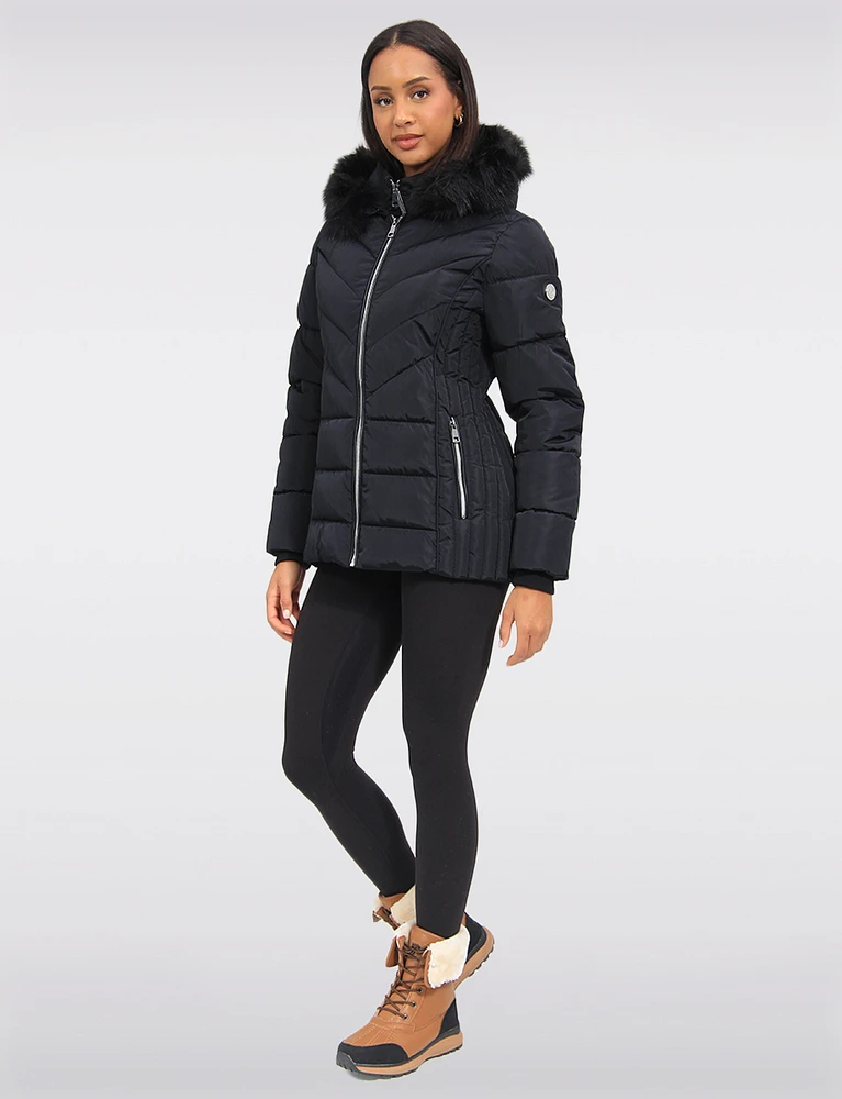 Eco-Down Quilted Short Puffer Coat with Detachable Vegan Faux Fur Trim by Saki