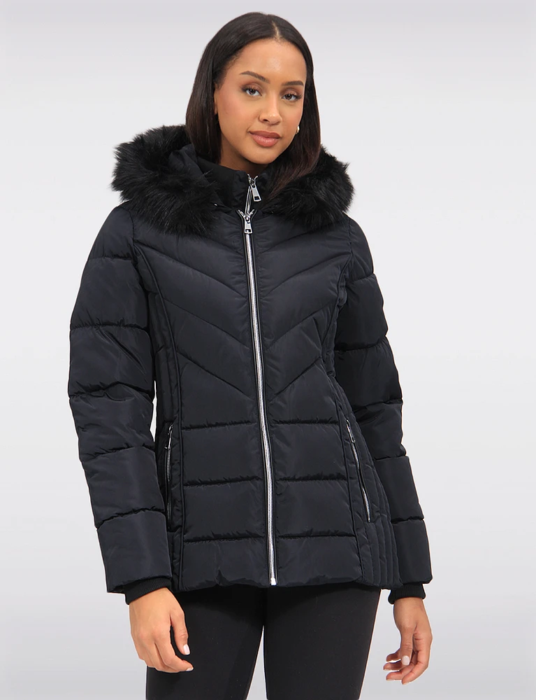 Eco-Down Quilted Short Puffer Coat with Detachable Vegan Faux Fur Trim by Saki