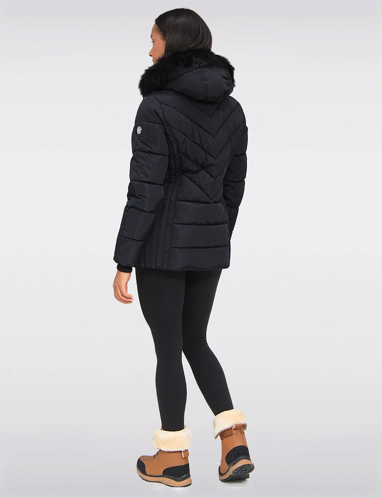 Eco-Down Quilted Short Puffer Coat with Detachable Vegan Faux Fur Trim by Saki