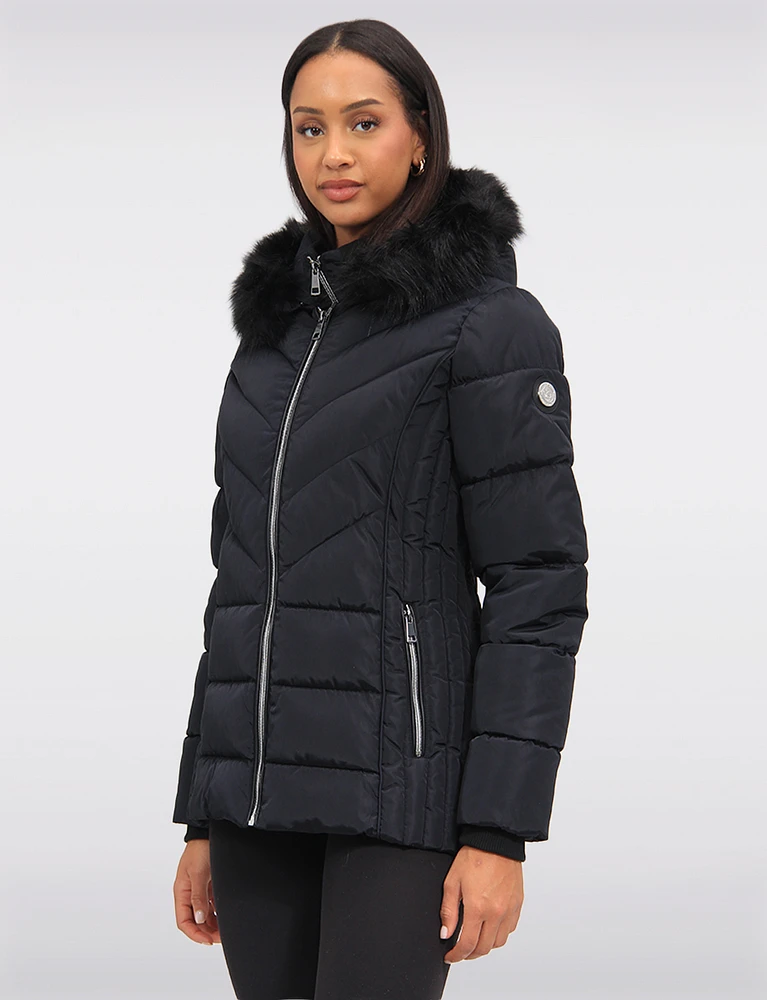 Eco-Down Quilted Short Puffer Coat with Detachable Vegan Faux Fur Trim by Saki