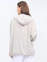 Linen Blend Zip Front Drawstring Hem Oversized Hoodie By Froccella