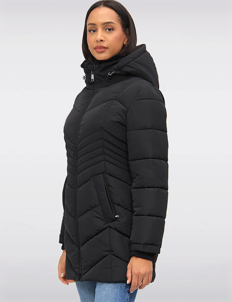 Long Vegan Polyloft® Chevron Quilted Puffer Coat with Detachable Hood by Snoboll