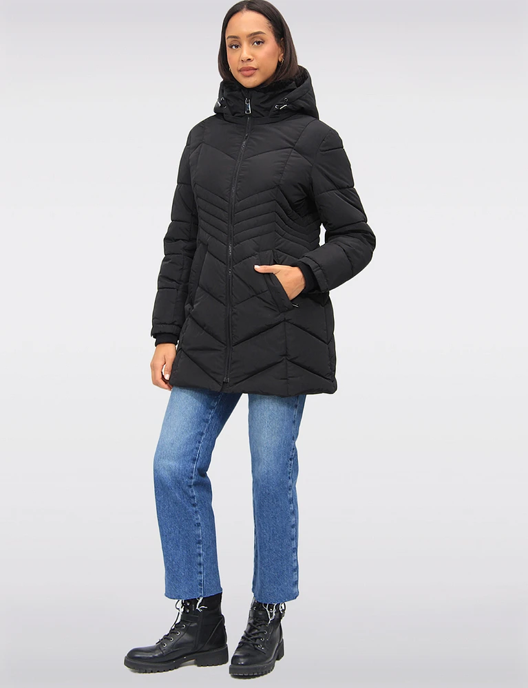 Long Vegan Polyloft® Chevron Quilted Puffer Coat with Detachable Hood by Snoboll