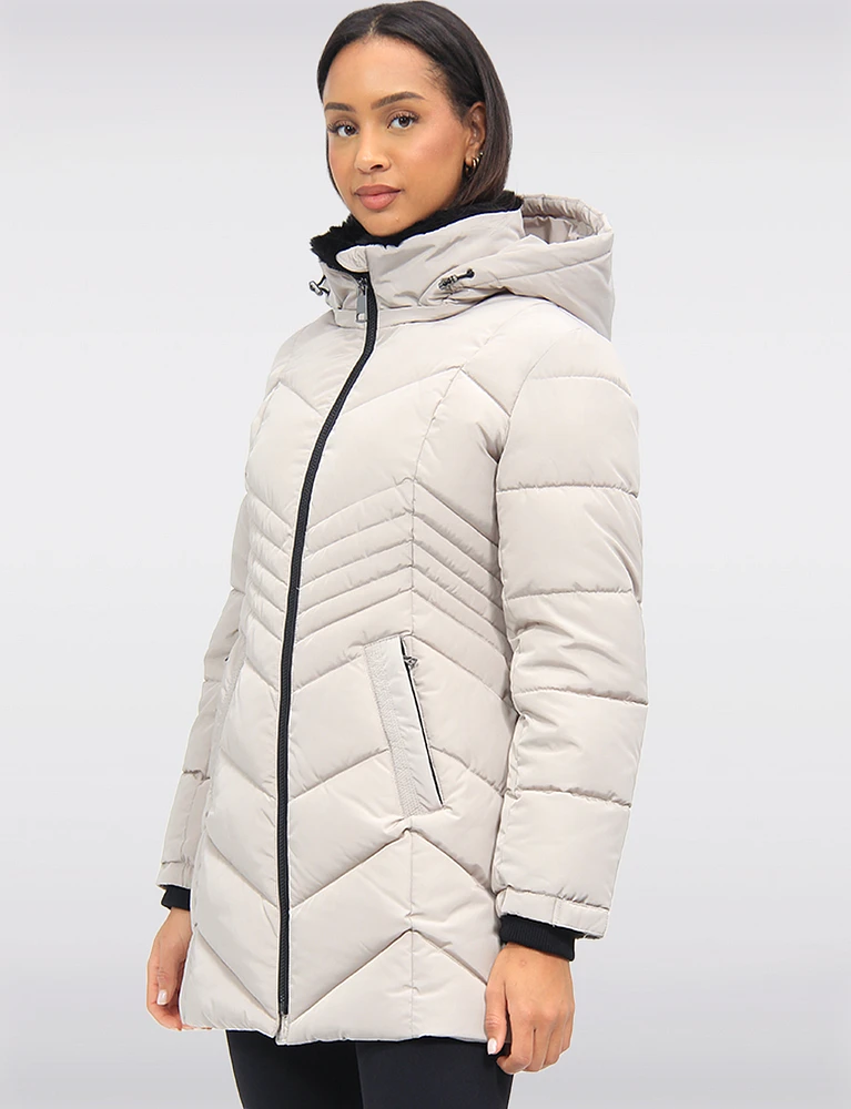 Long Vegan Polyloft® Chevron Quilted Puffer Coat with Detachable Hood by Snoboll