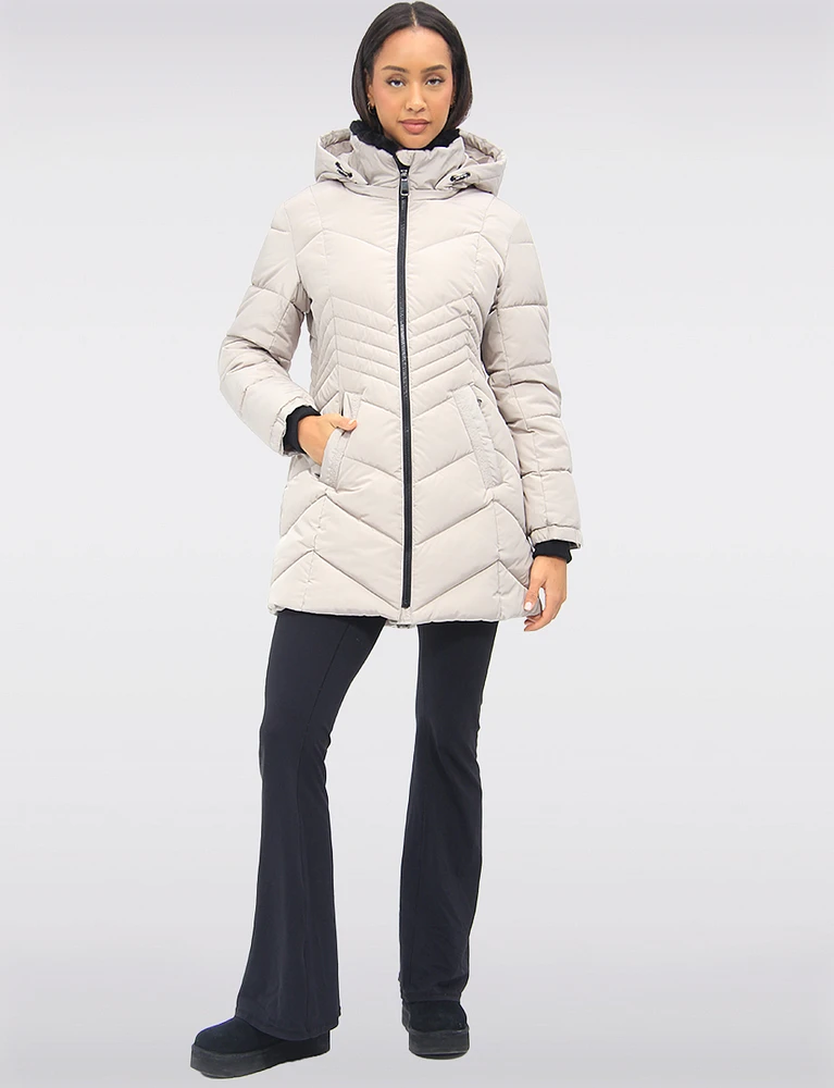 Long Vegan Polyloft® Chevron Quilted Puffer Coat with Detachable Hood by Snoboll