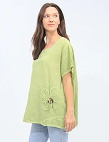 Cotton-Linen Floral Accent Embroidered Detail Front Pocket Tunic By Froccella