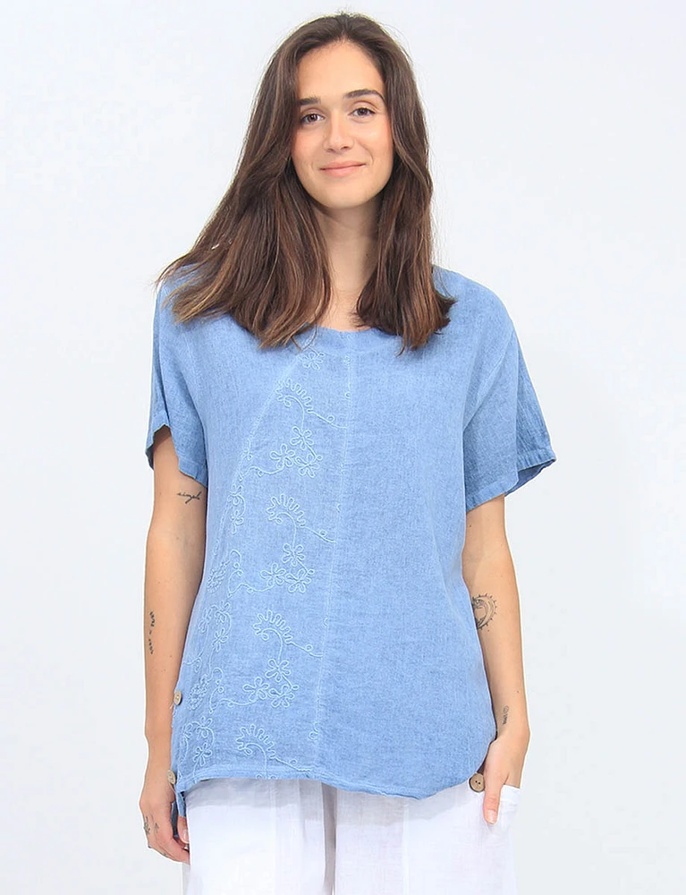 Embroidered Shortsleeve Loose Fit Linen Blend Tunic By Froccella