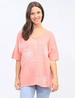 V-Neck Cotton Linen Floral Print Rhinestones Top By Froccella