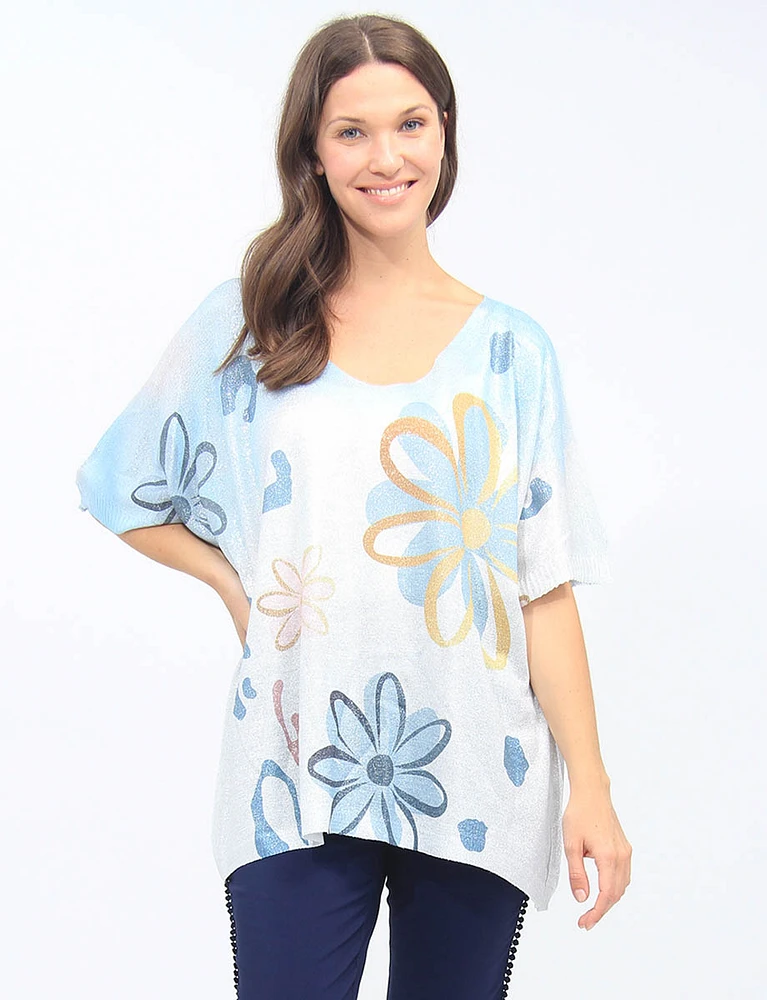 Shimmery Loose Fit Floral Short Sleeve Scoop Neck Top By Froccella