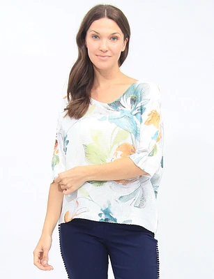 Floral V-Neck Knit Three-Quarter Dolman Sleeves Top By Froccella