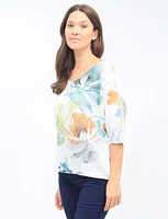 Floral V-Neck Knit Three-Quarter Dolman Sleeves Top By Froccella