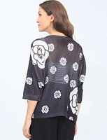 Black And White Floral Print 3/4 Dolman Sleeve Knit Top By Froccella