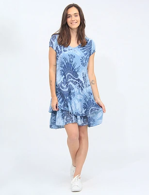 Vibrant Two-Tiered Tie Dye Print Cotton Short Sleeves V-neck Dress by Froccella