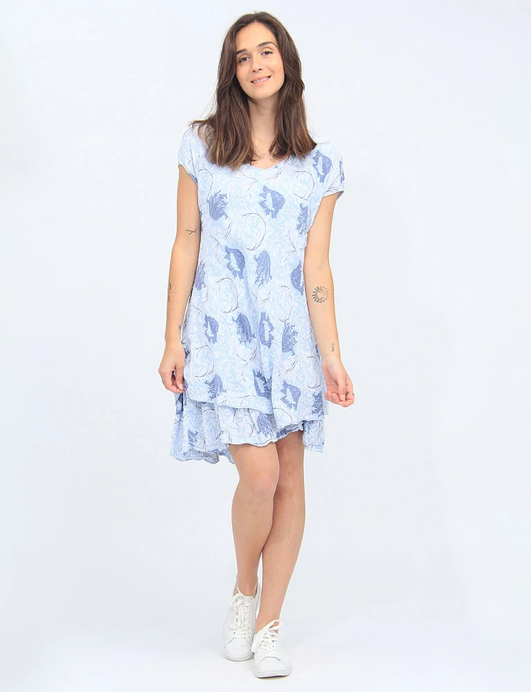 Short Sleeve Floral Crinkled Cotton Two-Tier Dress By Froccella