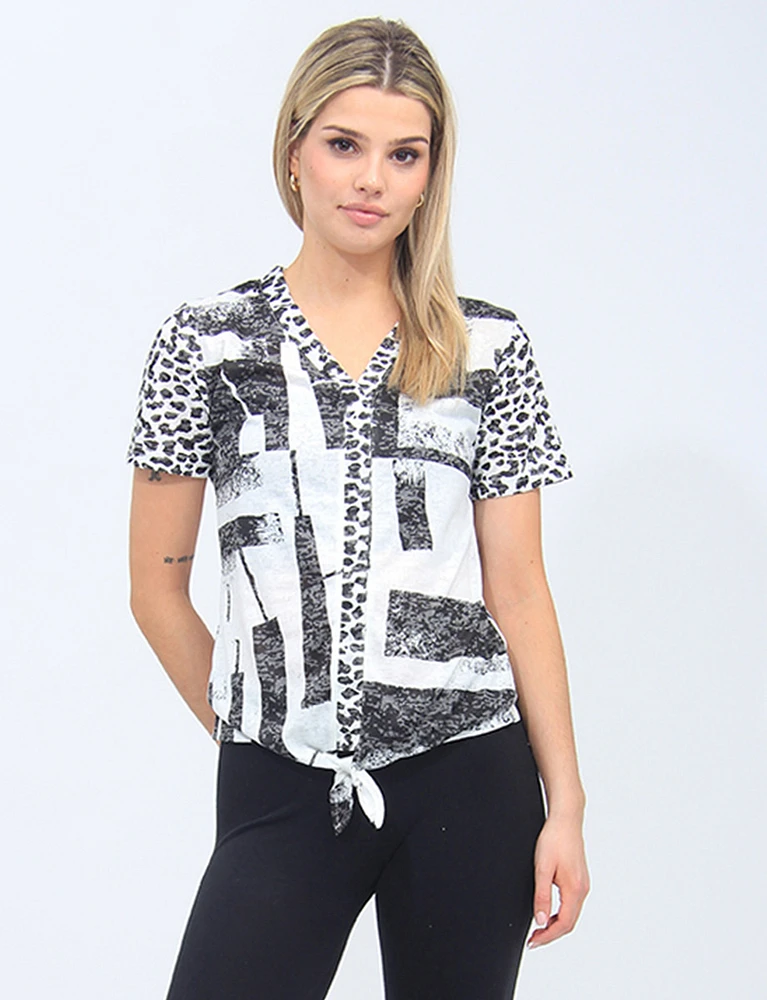 Black and White Short Sleeves Printed Front Tie Top By Beta's Choice