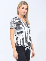 Black and White Short Sleeves Printed Front Tie Top By Beta's Choice