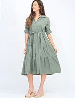 Belted Maxi Stretch Shirt Dress with Adjustable Sleeves by Froccella