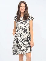 Cap Sleeve Printed Dress With Knit Trim at the Waist And Pockets By Froccella