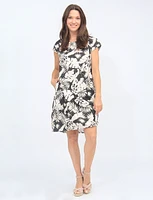 Cap Sleeve Printed Dress With Knit Trim at the Waist And Pockets By Froccella