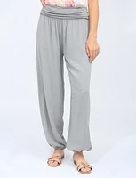 Solid Flowy Ruched Waist Band And Elastic Hem Balloon Pants By Froccella