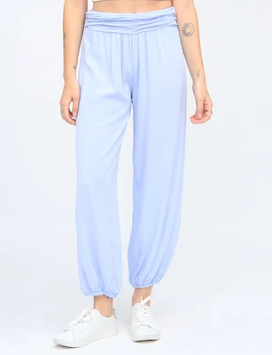 Solid Flowy Ruched Waist Band And Elastic Hem Balloon Pants By Froccella