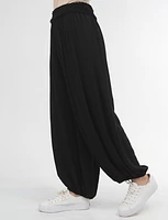 Solid Flowy Ruched Waist Band And Elastic Hem Balloon Pants By Froccella