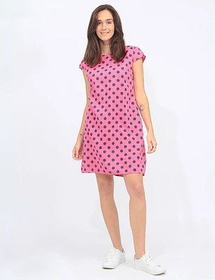 Polka Dot Linen-Cotton Cap Sleeve Knit Trim Dress By Froccella