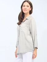 Linen Blend Adjustable 3/4 Sleeves Button-Down Collared Loose Shirt By Froccella