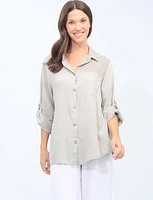 Linen Blend Adjustable 3/4 Sleeves Button-Down Collared Loose Shirt By Froccella