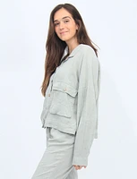 Cropped Linen Blend Solid Button-Down Blazer With Flap Pockets By Froccella